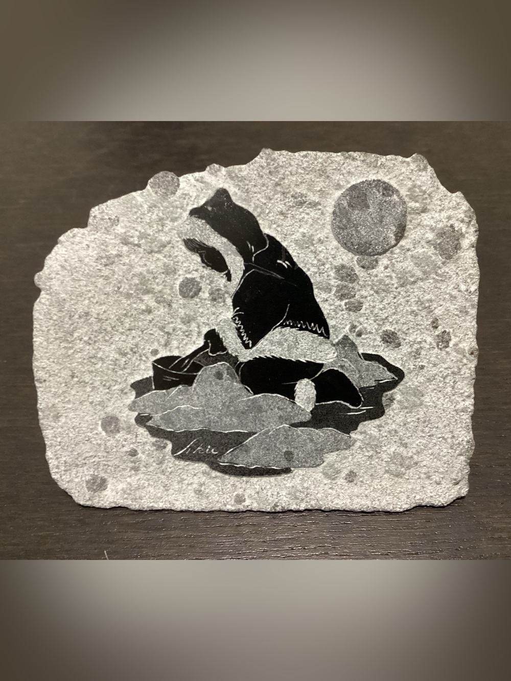 Vintage hand crafted Canadian Soapstone Art Piece featuring a relief carving and